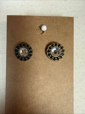 Lia Sophia Clear Crystal Stud Earrings with Antique Gold Rope Frame
